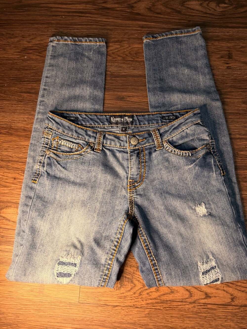 Karma Blue Ultra Stretch Distressed Y2K Stitched Jeans Size 9